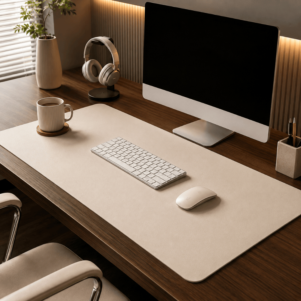 Desk Pad Escritório Couro e Camurça Confortável Antiderrapante 80x40cm + Mouse Pad Couro Brinde