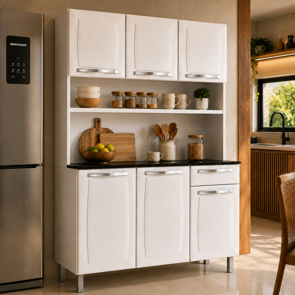 Kit Cozinha Compacta Itatiaia Rose Cores Branco ou Branco com Preto - 6 Portas 1 Gaveta