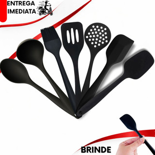Kit Silicone Concha Colher Escumadeira Pincel Silicone Espátula 7 Utensílios Silicone + Brinde
