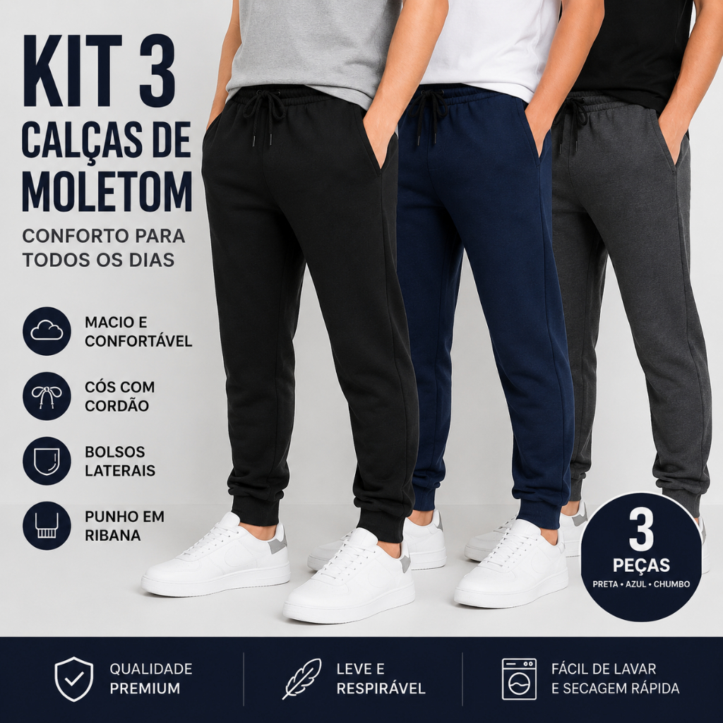 Kit 3 calças de moletom flanelada com punho masculina infantil juvenil 4 ao 16
