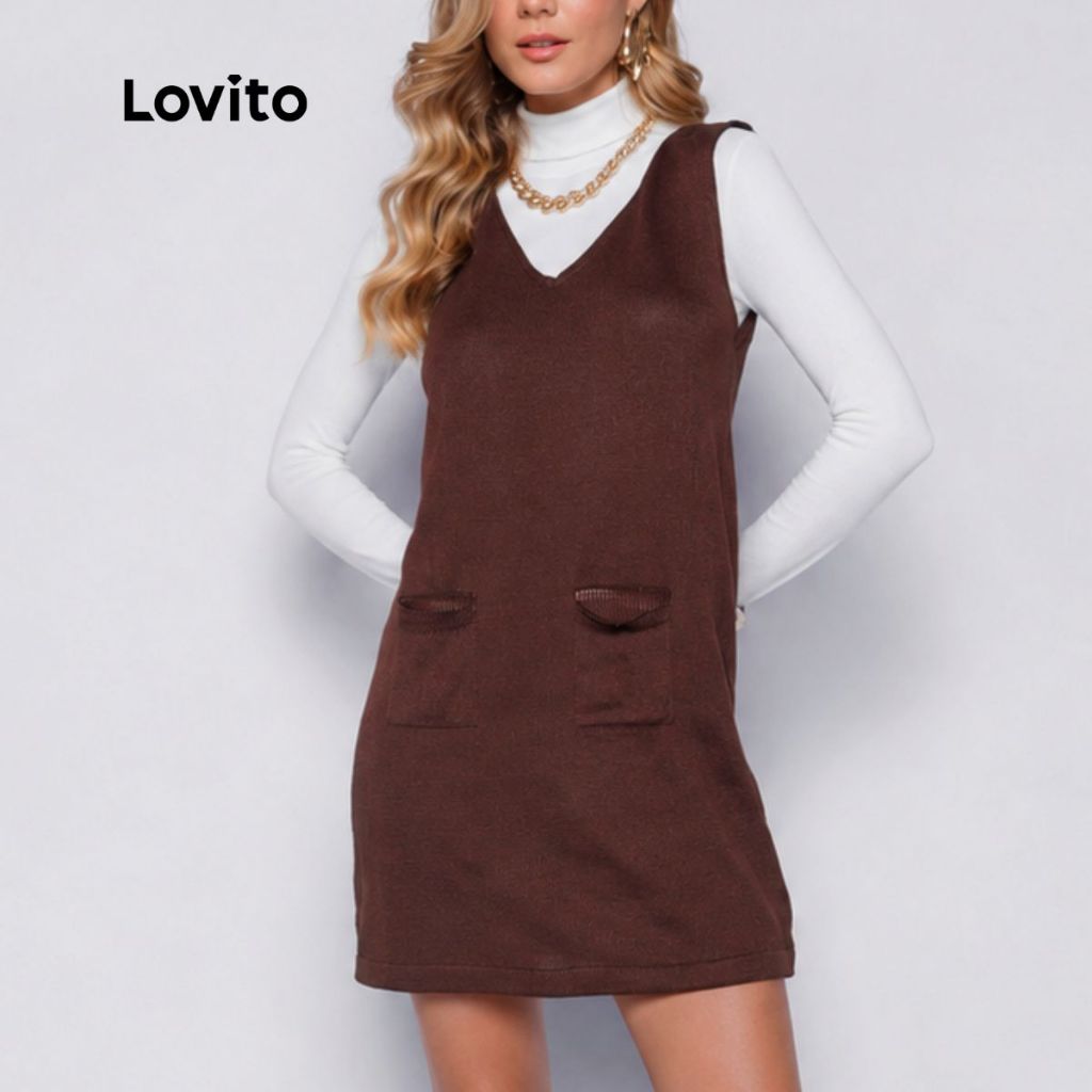 Lovito Vestido Curto Feminino de Tricô Com Decote V DRB809BRL839