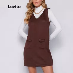 Lovito Vestido Curto Feminino de Tricô Com Decote V DRB809BRL839