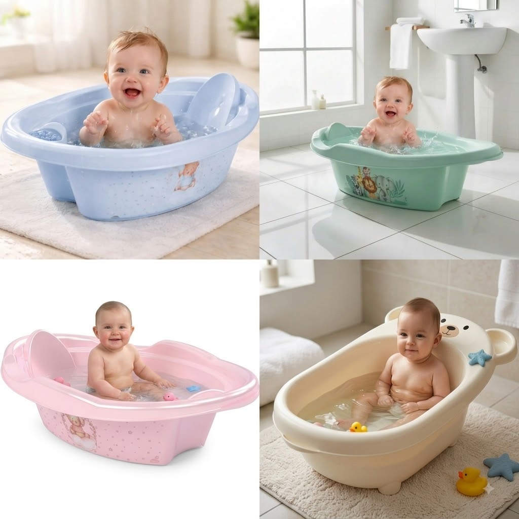 Banheira do Bebê Estampada 21L  Safári, Urso Bege, Urso Cintilante Azul, Ursa Cintilante Rosa