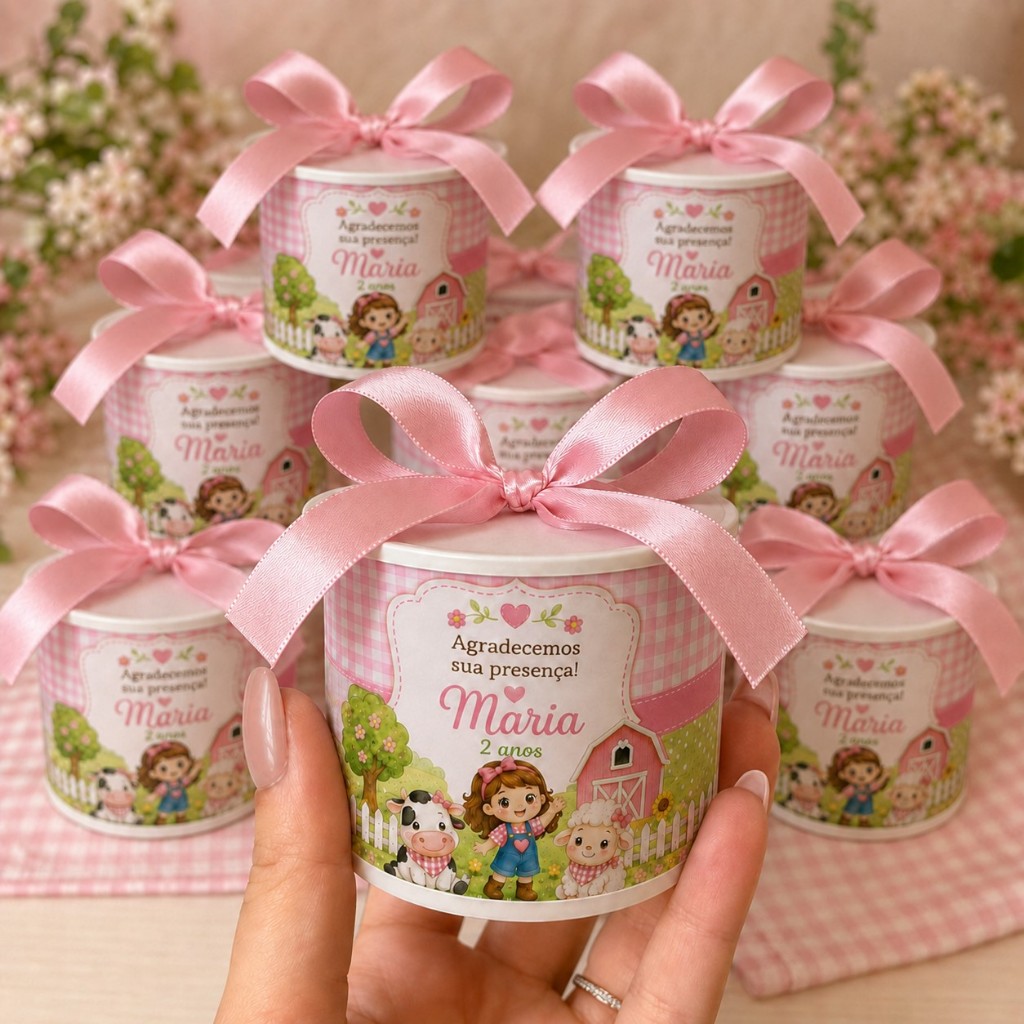 Kit tubolatas personalizadas Fazendinha Rosa • Lembrancinha maternidade | batizado | aniversário | chá de bb •  infantil