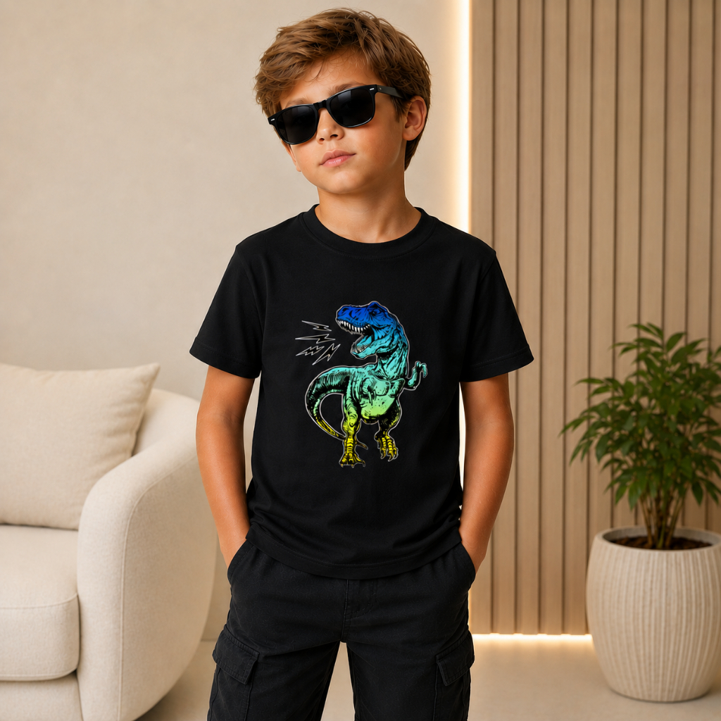 Camiseta Infantil Dinossauro T-Rex Dino Jurassic Park Estampa Dinossauros Colorida Infanto Juvenil Unissex