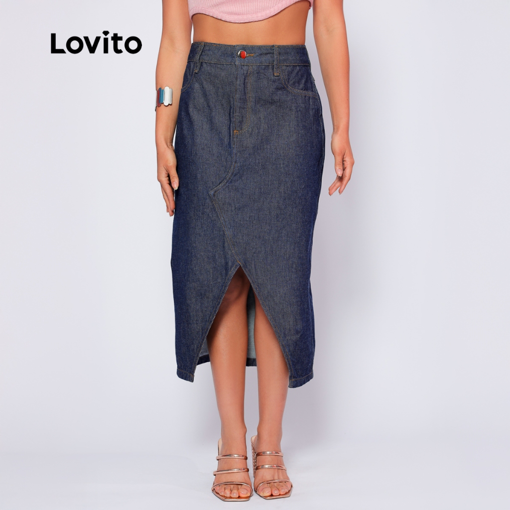 Lovito Saia Jeans Midi Fenda Moda Modesta Lisa Casual Feminina BRSKB724BRL754