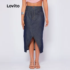 Lovito Saia Jeans Midi Fenda Moda Modesta Lisa Casual Feminina BRSKB724BRL754
