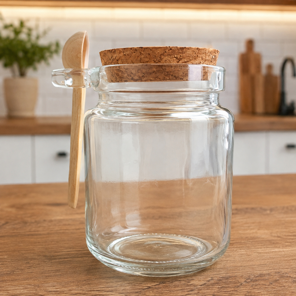 Pote de Vidro com Colher de Madeira e Tampa de Rolha - 250ml - 7cm x 10cm - 1 Unidade - Rizzo