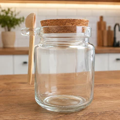 Pote de Vidro com Colher de Madeira e Tampa de Rolha - 250ml - 7cm x 10cm - 1 Unidade - Rizzo