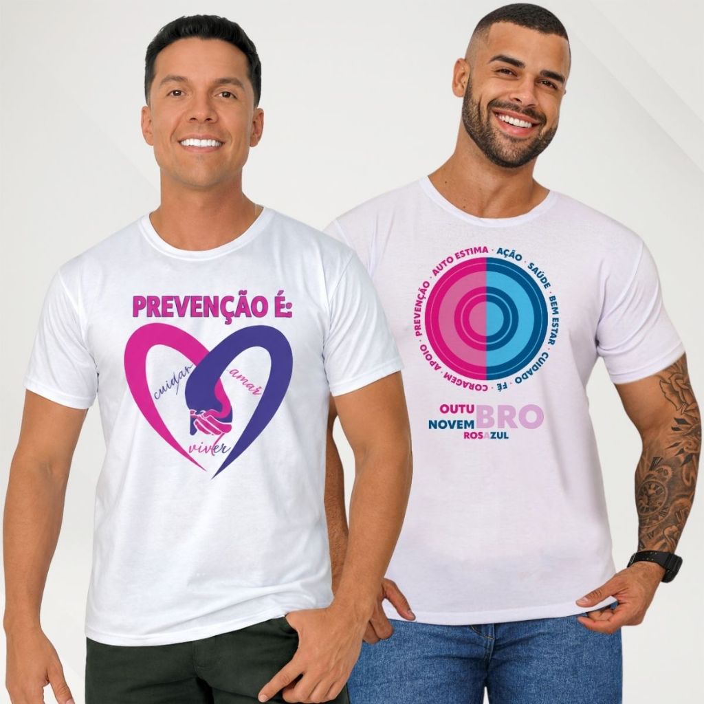 Camiseta Masculina Outubro Rosa Novembro Azul Polielastano Branca Manga Curta Confortável