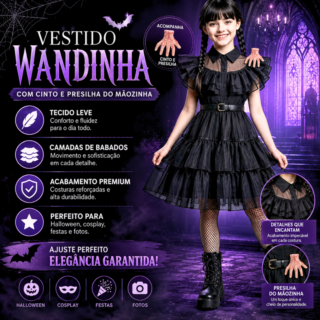Vestido Festa Baile Fantasia Wandinha Addams Halloween Cinto Presilha Mãozinha