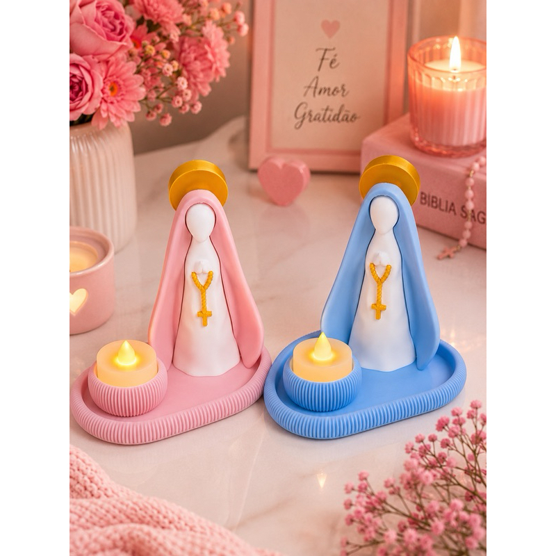 Kit Nossa Senhora com Vela LED + Bandeja Estilo Terço – Mini Altar Decorativo Religioso | Imagem Católica para Lar