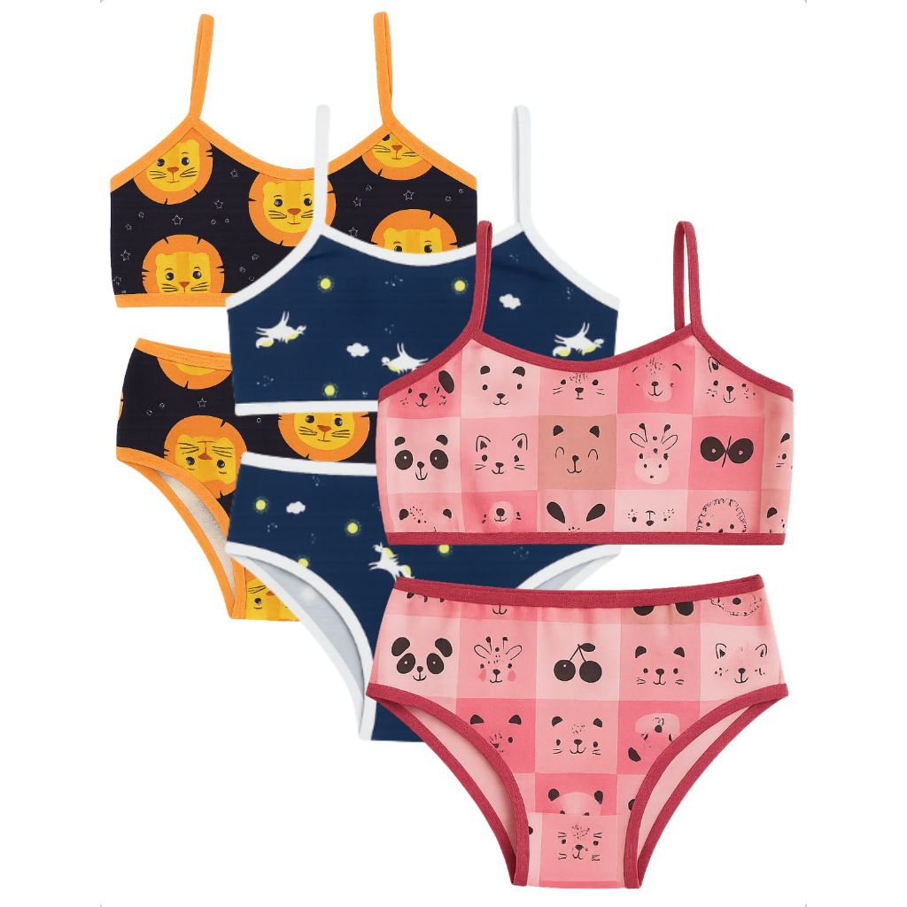 Kit 3 Conjunto Calcinha Sutiã Infantil Sem Bojo Suede Microfibra Estampada Confortável Menina