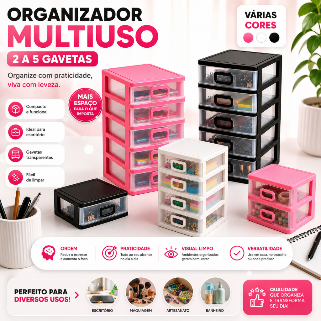 Porta Treco Gaveteiro Organizador de Mesa 2, 3, 4 e 5 Gavetas p/ Casa, Escritório, Material de Costura, Porta Joias