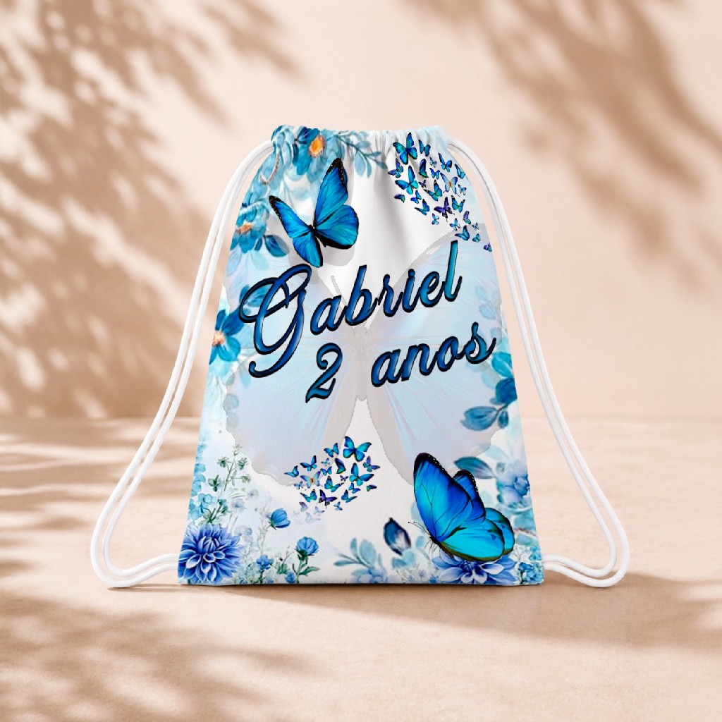 10 Mochila Personalizada Infantil 18x26 Sacolinhas Surpresa Festa Aniversário Lembrancinha Borboleta Azul Jardim M2