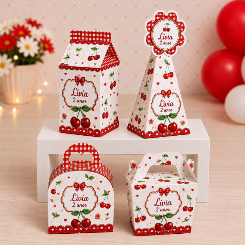 Kit de Caixas Cerejinha Personalizada + BRINDE / PEGUE E MONTE / Lembrancinha de Festa / Aniversário