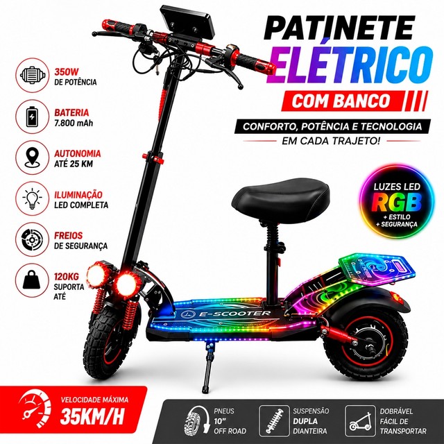 Patinete Elétrico Dobrável 800W 48V 10Ah Com Assento, Amortecimento Duplo, Velocidade 45km/h, Autonomia até 36km