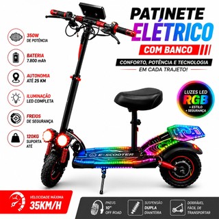 Patinete Elétrico Dobrável 800W 48V 10Ah Com Assento, Amortecimento Duplo, Velocidade 45km/h, Autonomia até 36km