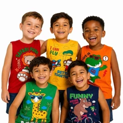 kit com 5 regatas infantis de menino temática de bichinhos