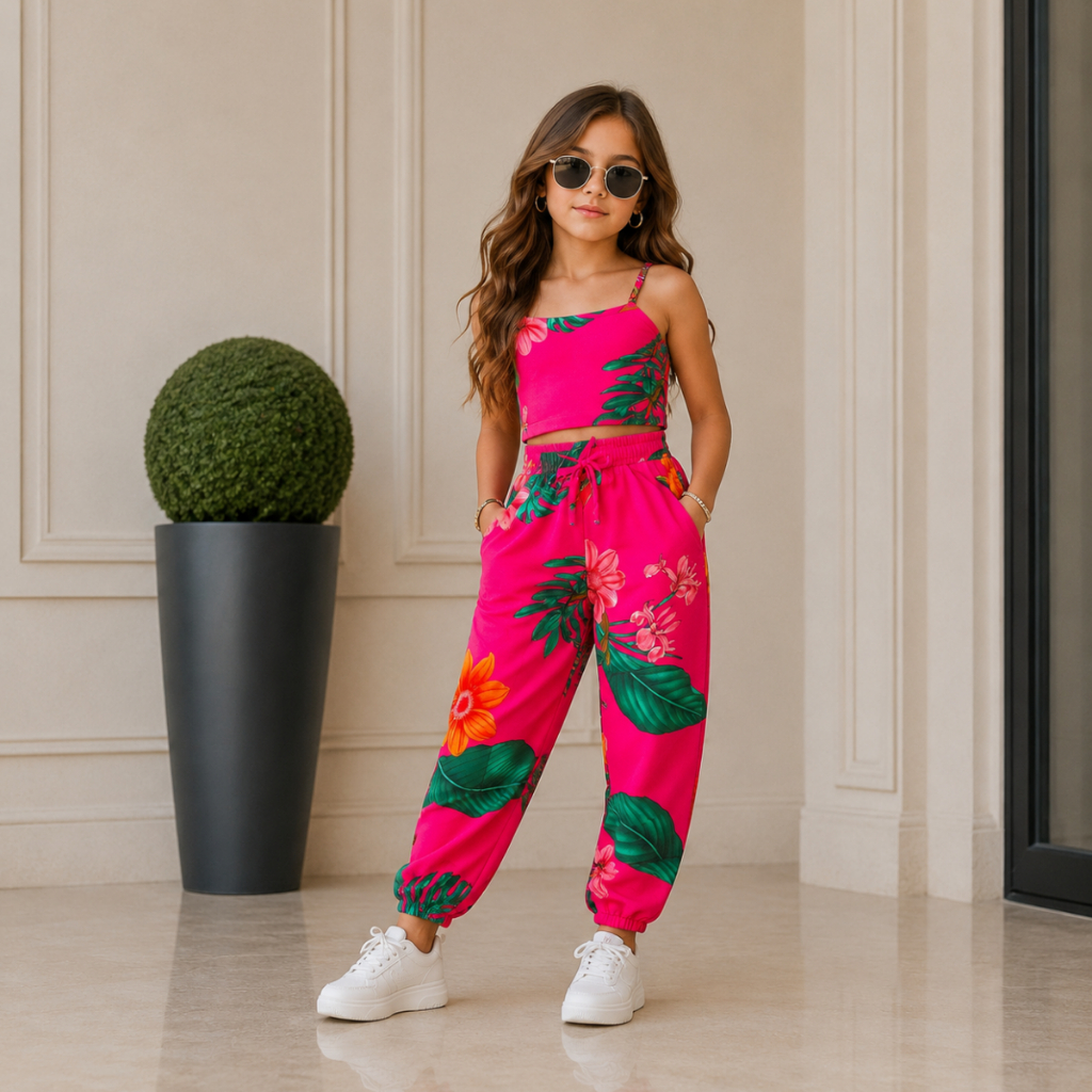 Conjunto Infantil Feminino Cropped E Calça Floral Tropical Look Fashion Roupa Adolescente Juvenil Menina Primavera Verão