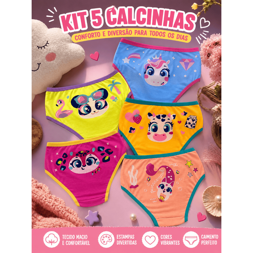 Kit Calcinhas Infantis Menina Algodão Premium Estampadas Confortáveis e Macias Estampas Variadas