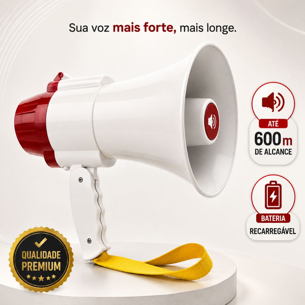 Megafone Portátil Recarregável 35W Amplificador de Voz Profissional Sirene Gravador USB Até 600m