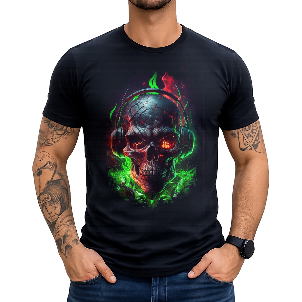 Camiseta Camisa Masculina Caveira Skull Fone Algodao Preta Dj Music