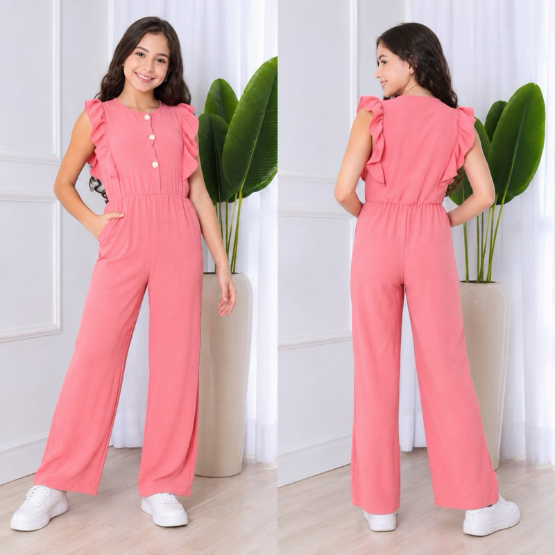 Macacão Infantil Feminino Pantalona Sem Manga em tecido duna liso Elegante Confortável
