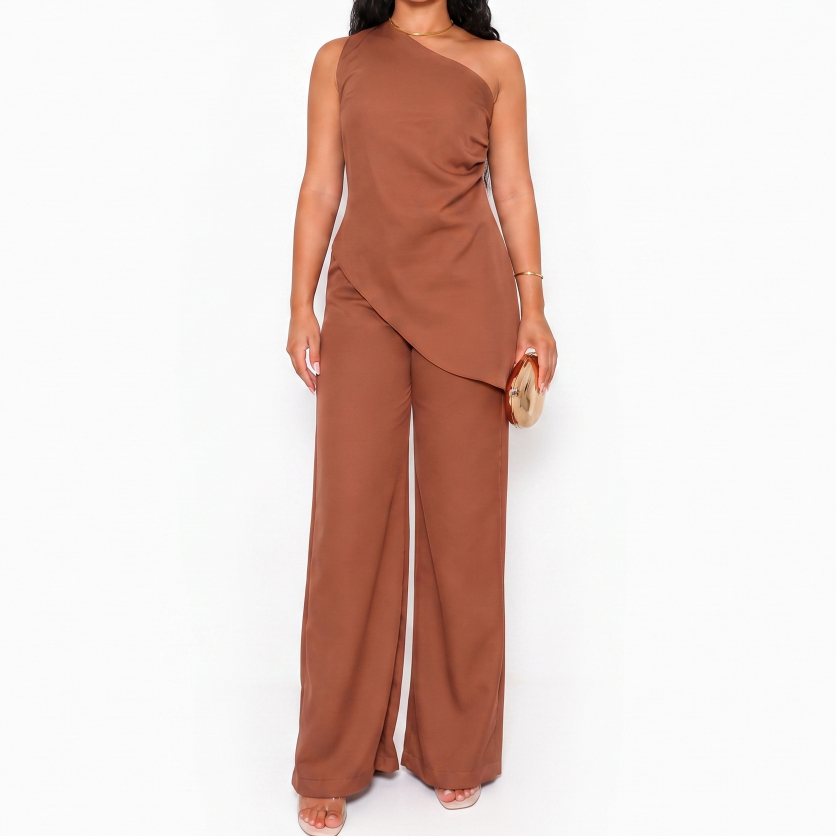 Conjunto Feminino Alfaiataria Calça Pantalona Blusa Assimétrica Um Ombro Só Mula Manca Festa Elegante Luxo Terracota