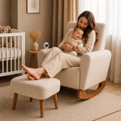 Poltrona de Amamentação Balanço e Puff Linho Premium Confortável Luxo Quarto de Bebê