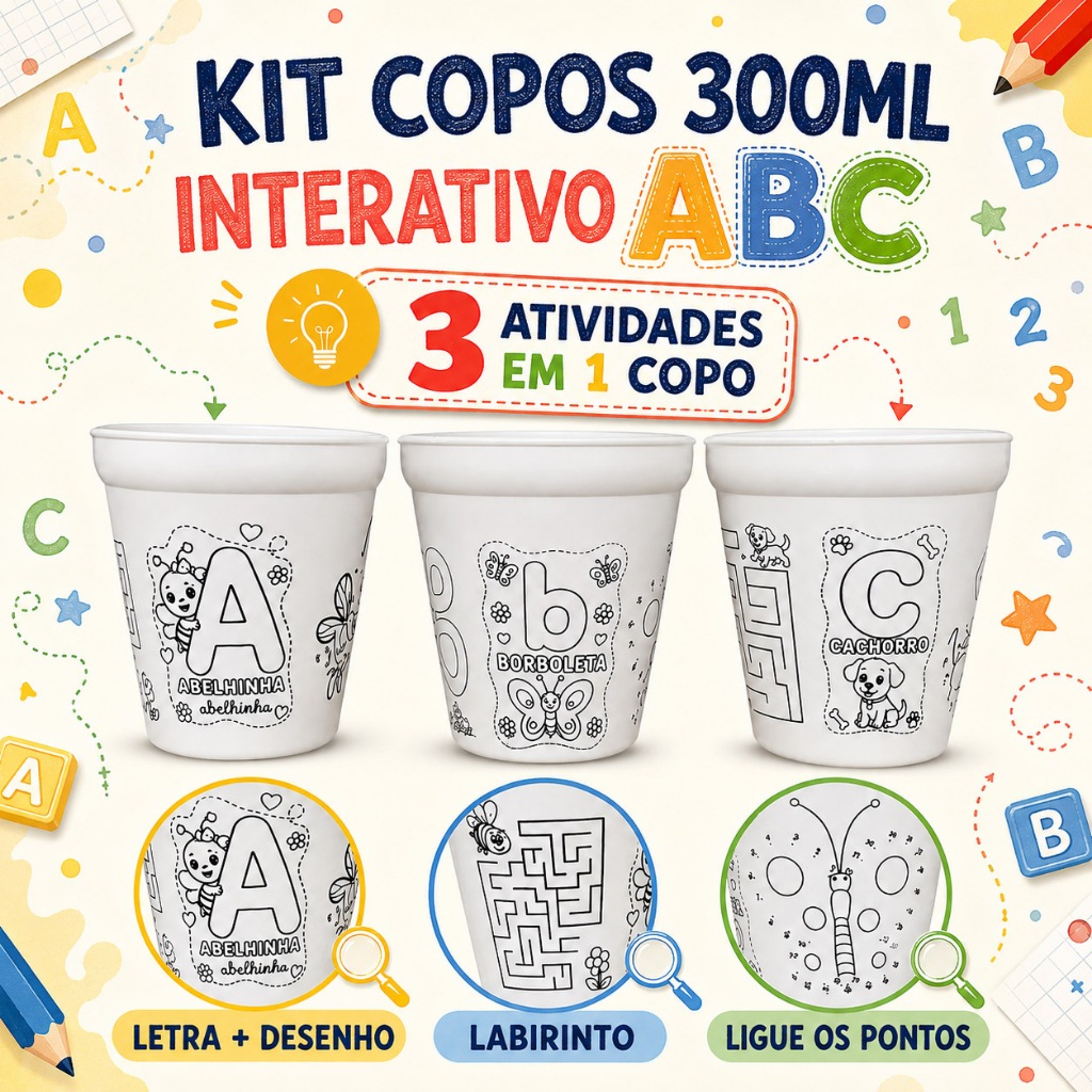 Kit 10 a 50 Copos 300ml - Interativo ABC para Colorir com 3 Atividades Labirinto e Ligue os Pontos Infantil Pedagógico 🧩