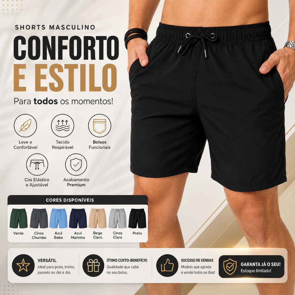 Shorts Masculinos Adultos Tactel Elastano Premium Plus Size Liso Exclusivo Original Promoção