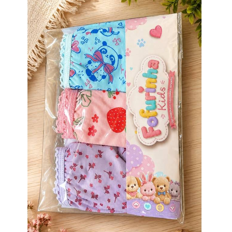 ￼KIT 3, 6 e 9 Calcinha Feminina Tanga Infantil Juvenil Algodão Macio Ajuste Perfeito Cores Estampas Sortidas