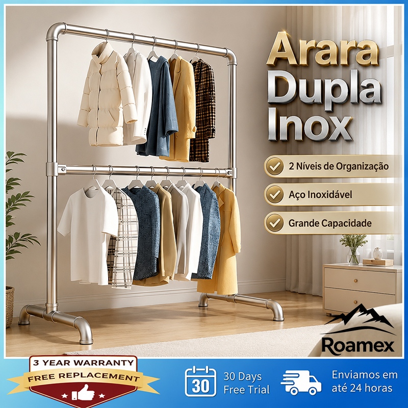 Arara Dupla para Roupas em Aço Inoxidável Cabideiro de Chão 2 Níveis Organizador de Reforçado Quarto Closet