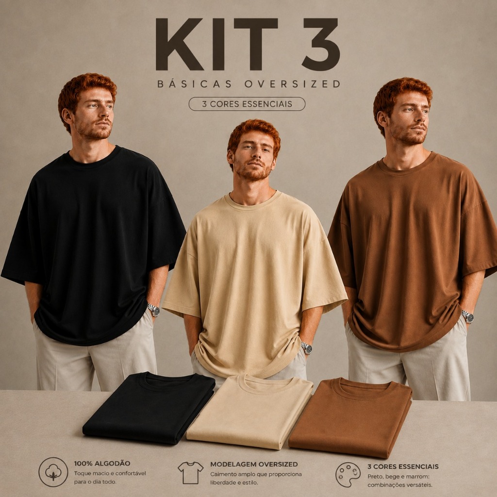 Kit 3 Oversized unissex Camiseta Manga Curta Academia Soltinha Dia a Dia Confortável Malha Penteada