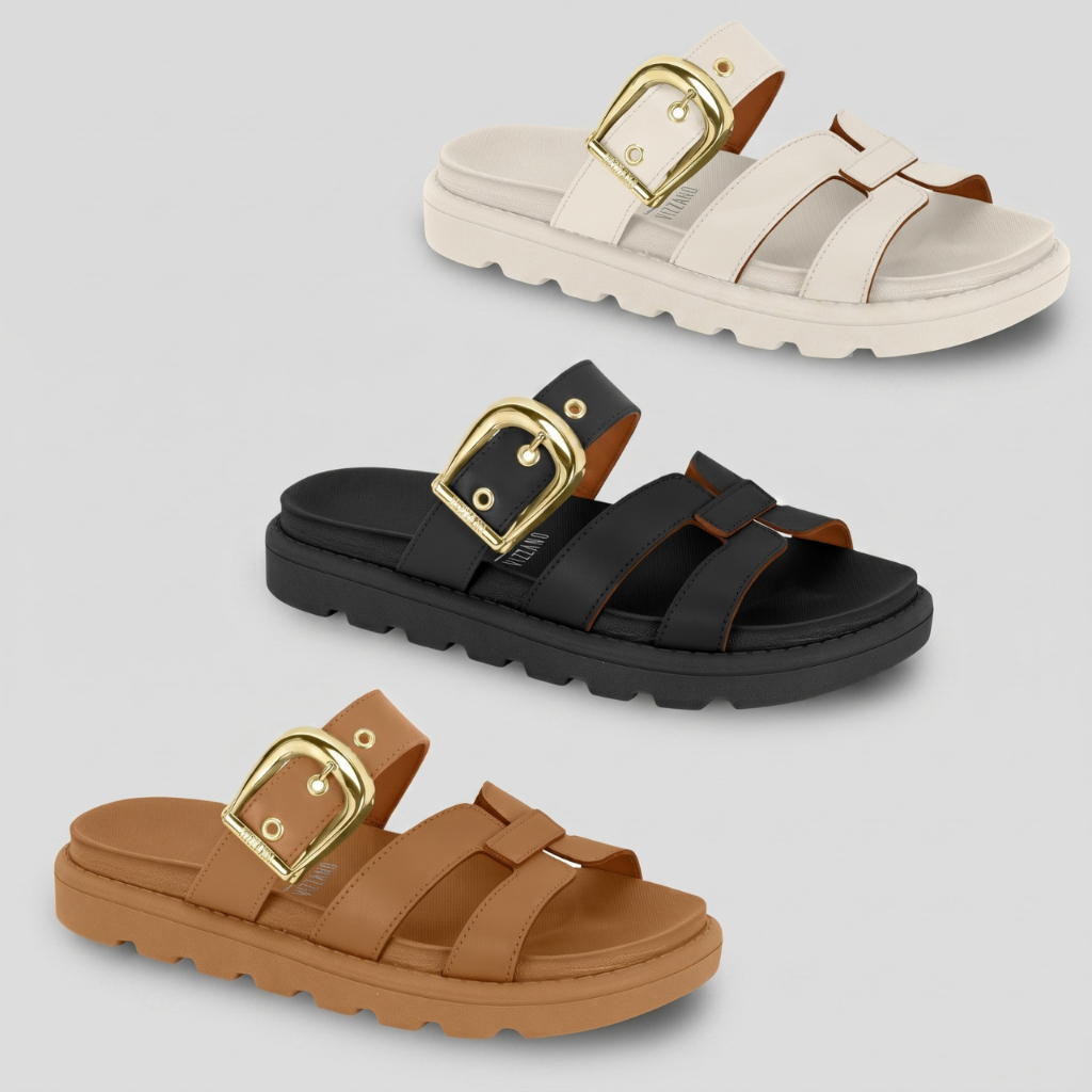 Sandália Feminina Vizzano Papete Flatform Fivela Tira H Pelica Conforto