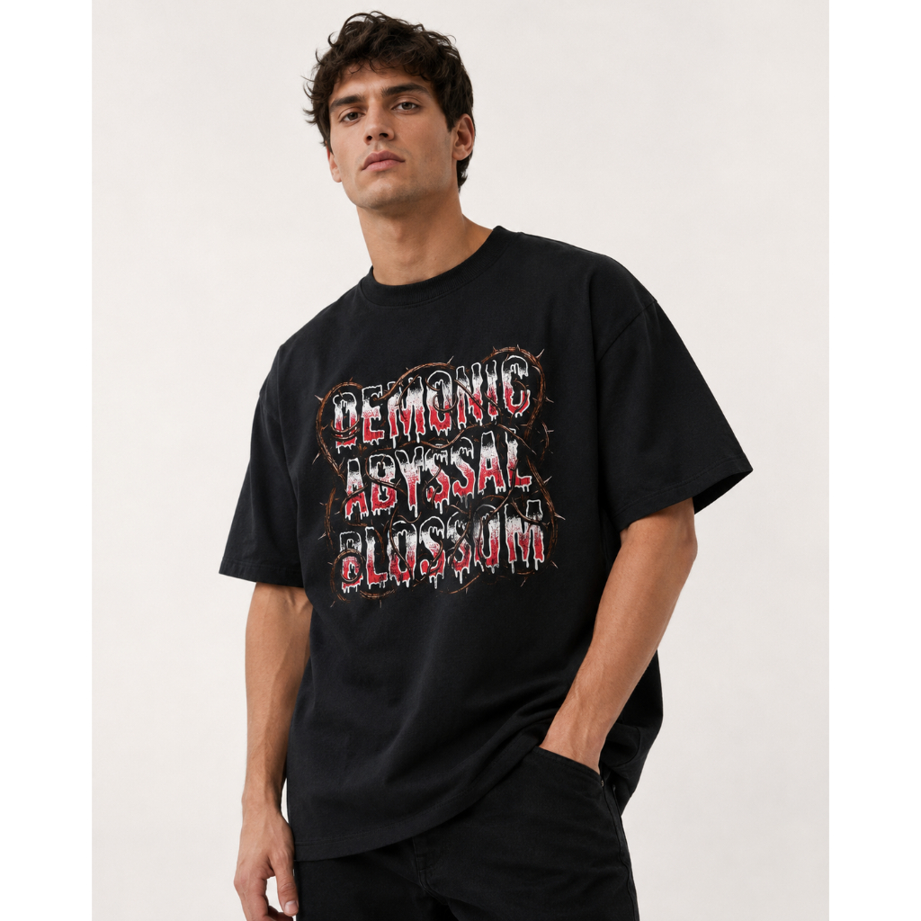Camiseta Oversized Estampada Demonic Abyssal Blossom Gótica Streetwear 100% Algodão Suedine