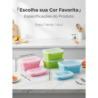 Pote Marmita Retrátil de Silicone Hermético Dobrável com Tampa 350ml 500ml 800ml 1200ml