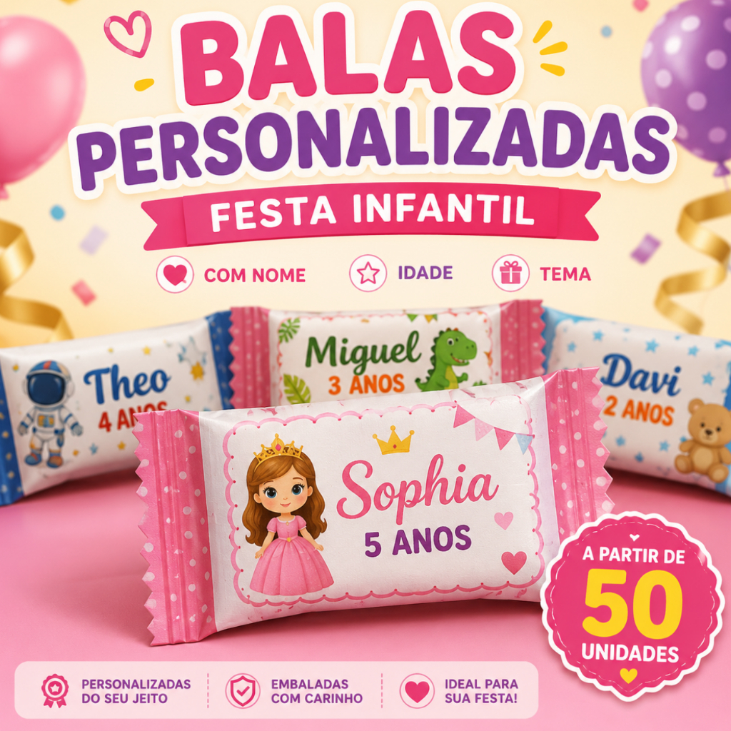 Balas Personalizadas Festa Infantil | Lembrancinha Aniversário Infantil | Qualquer Tema