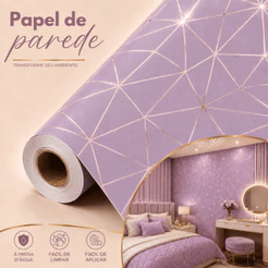 Papel de Parede Adesivo Geométrico Lilás Lavanda Dourado Linhas Luxo Lavável Autocolante Quarto Closet