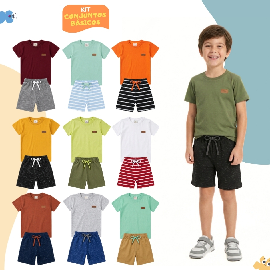 Kit 8 Peças Básicas Roupa Infantil Menino Verão Conjunto Masculino Liso Masculino Algodão 4 Camisetas + 4 Bermudas
