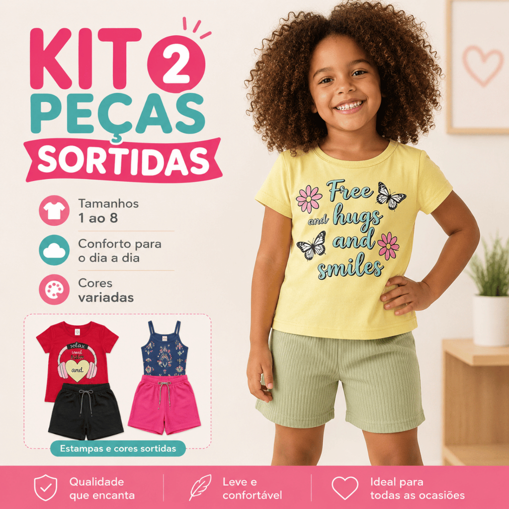 Conjunto Infantil Feminino Menina Kit 2 Peças Sortidas Roupa de Verão Camiseta e Short Estampado 1 ao 8