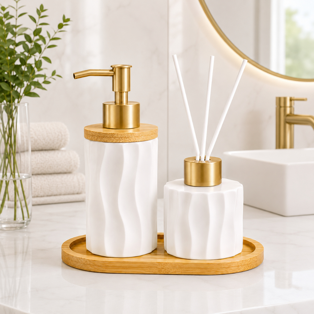 Kit Banheiro Lavabo Porta Sabonete Líquido Saboneteira Dispenser Bandeja Organizador Moderno