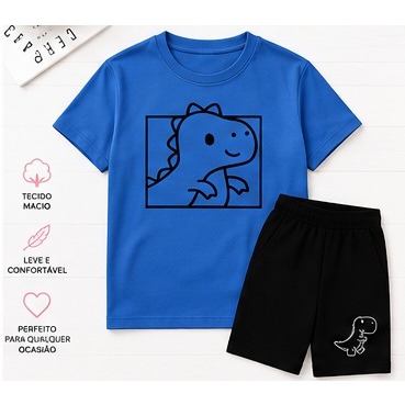 Conjunto Infantil Menino e Menina Camiseta E Short Com Bolso Dino Algodão Tshirt Kids Varias Cores Tamanhos Dinossauro