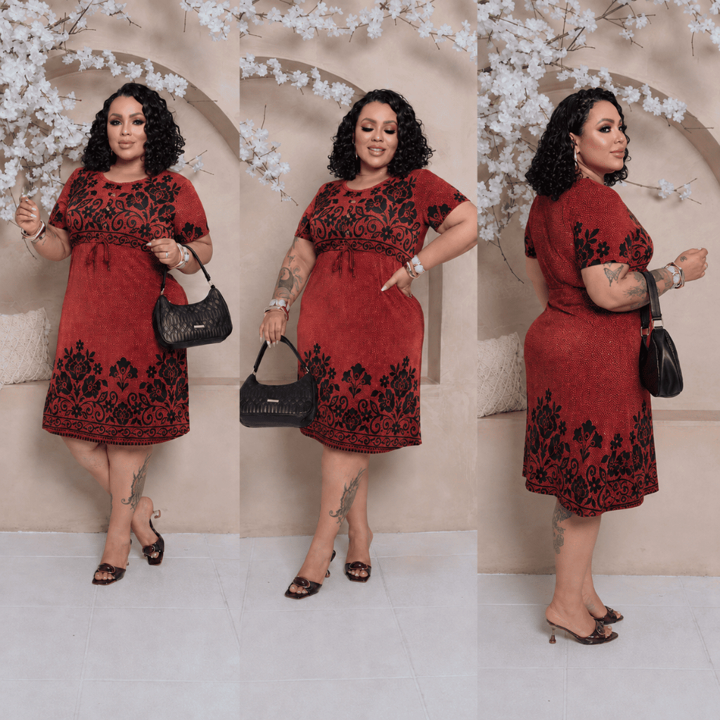 Vestido Liganete EXG Plus Size Feminino Manga Curta Estampado Ajustável Casual Elegante Confortável TENDENCIA 2026