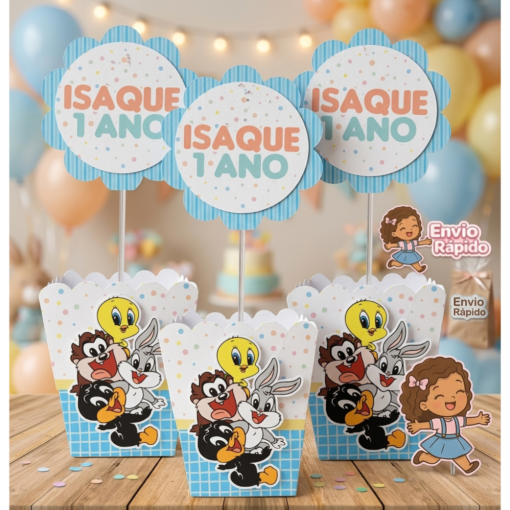 kit de 10 Centro de Mesa Personalizado Caixa Cachepot  Baby Lonney Tunes