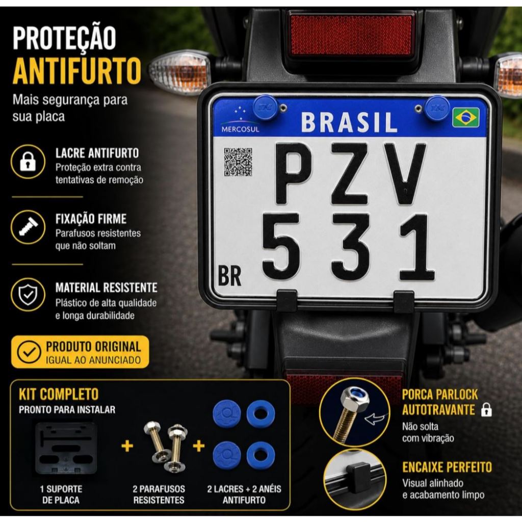 Suporte Protetor Placa de Moto Modelo Novo Acompanha Parafusos E Lacres Antifurto Material Plástico