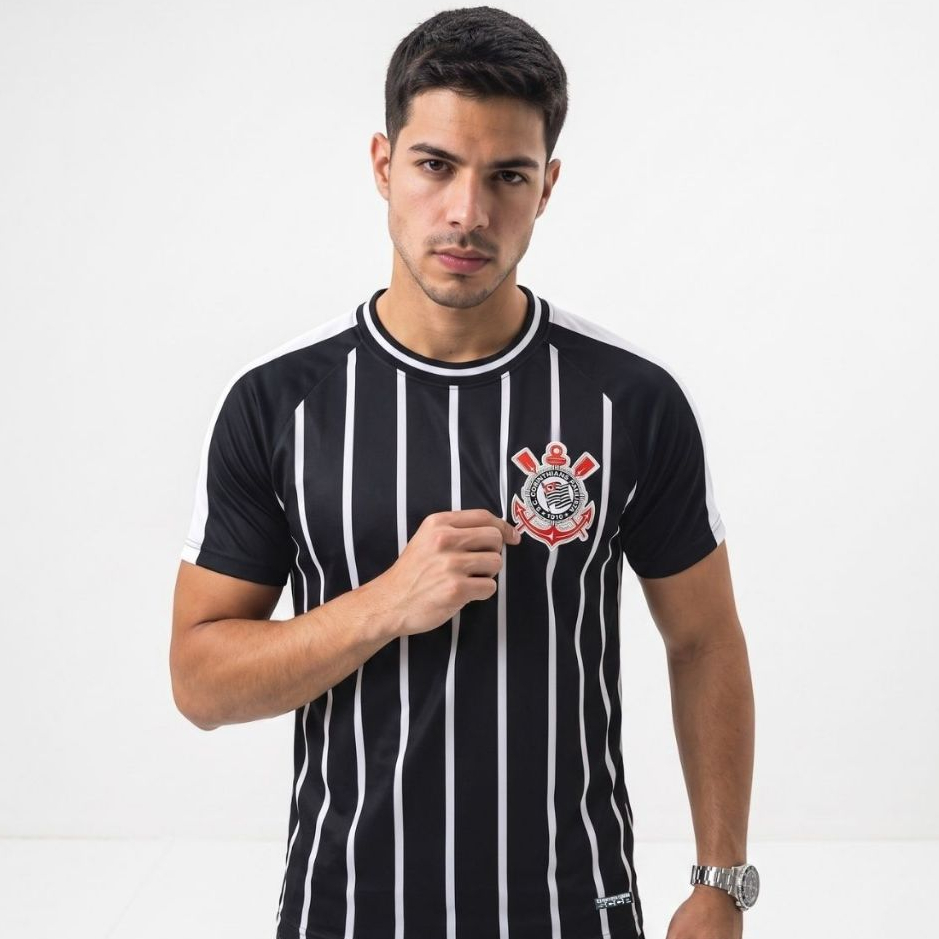 Camisa Corinthians Masculina Dry Listrada Preta Oficial Escudo Bordado Manga Curta Torcedor