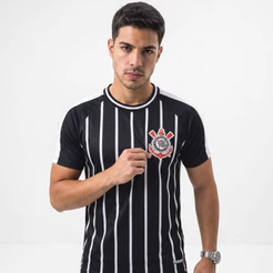 Camisa Corinthians Masculina Dry Listrada Preta Oficial Escudo Bordado Manga Curta Torcedor