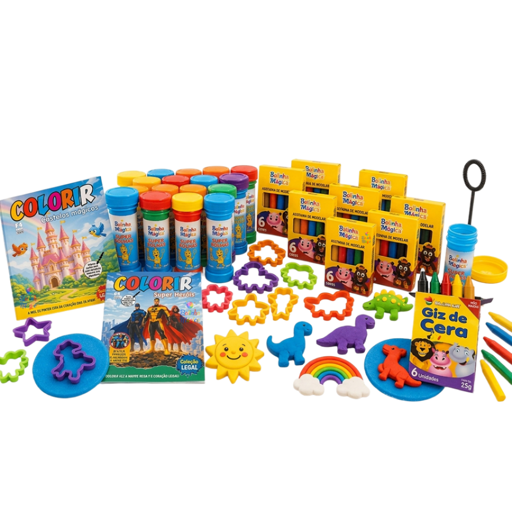 Kit 30 Cx Masssinha Modelar + 30 Bolha Sabão + 30 Giz + 30 Colorir + 60 Cortador Lembrancinha Prenda